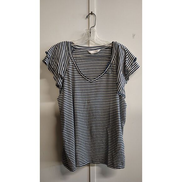 LC Lauren Conrad Tops - LC Lauren Conrad Women's XL Blue and White Striped V-Neck Short Sleeve Top